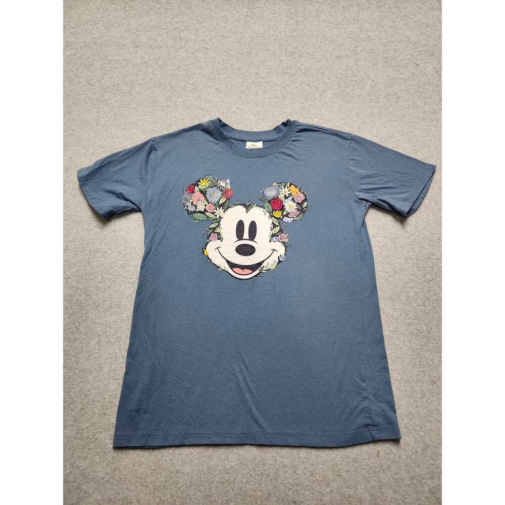 Disney Mickey Mouse Floral Graphic Blue Tee Youth Medium